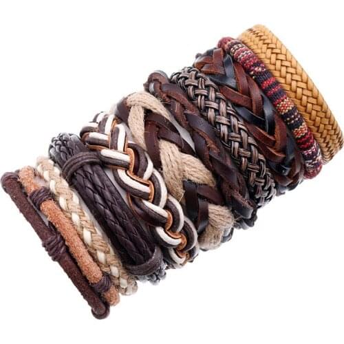 Jessingshow 10 Pcs/set Handmade Weave Charm Wrap Leather Mens Punk Bracelets for Women Bangles Femme Homme Male Jewellery
