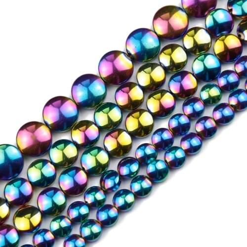 JHNBY 6/8/10mm Multicolored Flat Round Coin Hematite Natural Stone Spacers Handmade Loose Beads For Jewelry Making Diy Bracelets