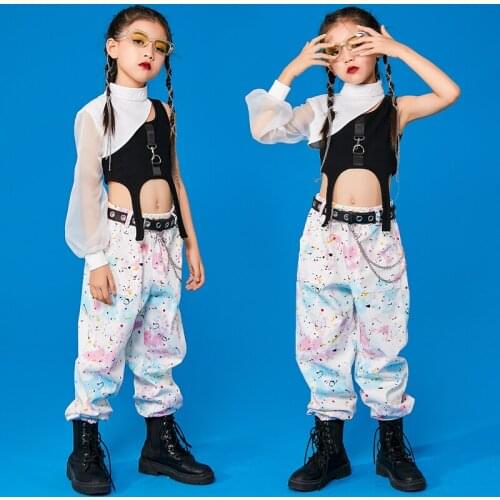 Fashion Kids Hiphop Clothes For Girls Single Sleeve Tops Loose Hiphop Pants Suit Jazz Performance Costumes Rave Clothes DQS7583