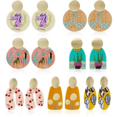 Fashion Oil Painting Round Pendant Earrings For Women Girls Vintage Animal Plant Geometric Charms Stud Ear Jewelry Party Gifts