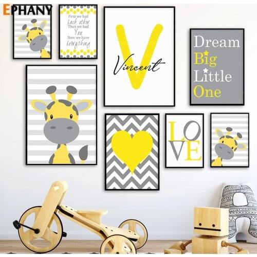 Cartoon Giraffe Canvas Poster Customized Name Canvas Print Nursery Wall Art Pictures Nordic Baby Boy Bedroom Decoration