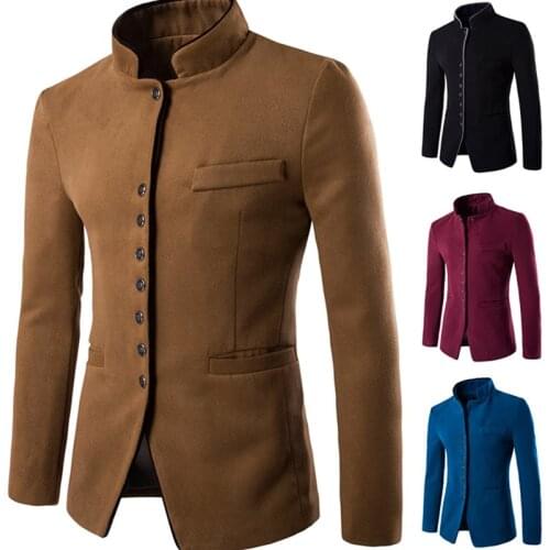 Men Woolen Blazer Slim Fit Coat Costume Blazers Mens Jacket Single-Breasted Stand-Up Collar Chinese Tunic Suit