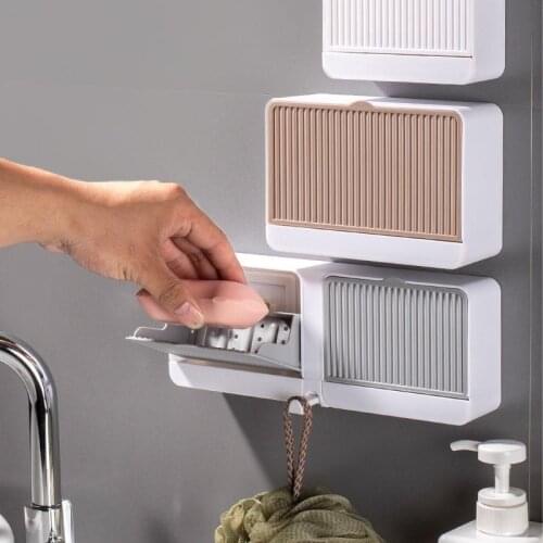 Wall Mounted Soap Box With Lid Waterproof Wall Mounted Soap Drain Rack Punch-free Double Grids Soap Shelf Bathroom Organizer