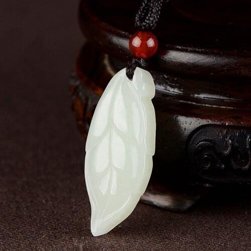 Natural Chinese HeTian White Jade Tree Leave Pendant Hand-Carved Necklace Fashion Charm Jewellery for Men Women Auspicious Gifts
