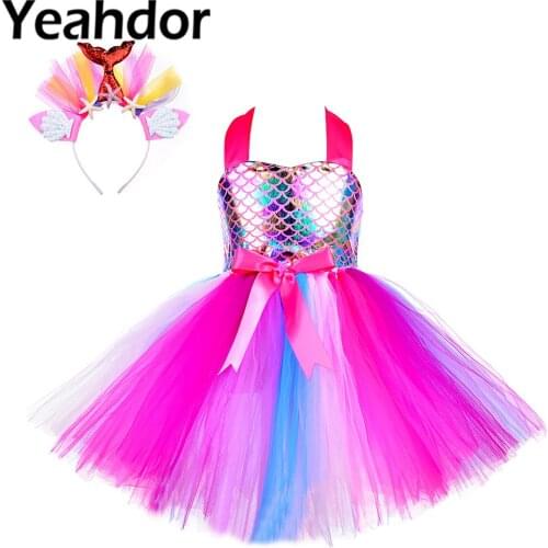 New Kids Girls Princess Dresses Mermaid Cosplay Costume Party Outfit Sleeveless Halter Shiny Tutu Dress with Headband Set