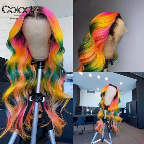 COLODO Rainbow Ombre Lace Front Wig Human Hair Body Wave Wigs Remy Hair Pink Yellow Green Colored Human Hair Wigs For Women