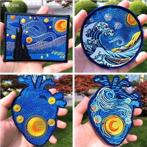 Prajna Van Gogh Iron On Patches For Clothing Embroidery Stripe On Clothes Cartoon Heart Wave DIY Patches Applique Badges Decor