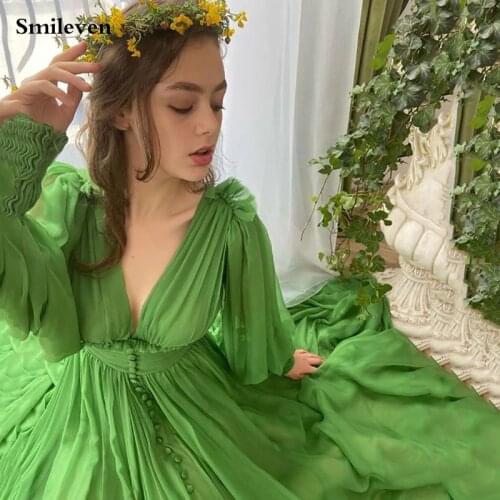 Smileven Sexy Green Long Prom Dresses Chiffon Long Sleeve V Neck Evening Dresses Elegant A-Line Party Dresses Evening Gowns