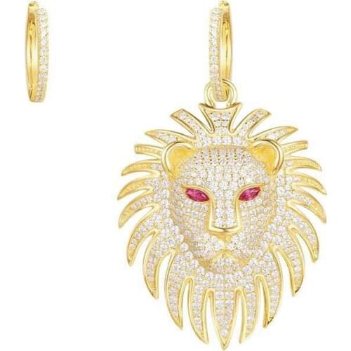 SLJELY Real 925 Sterling Silver Yellow Gold Color Asymmetric Red Eyes Lion Earrings Micro 5A Cubic Zirconia Women Brand Jewelry