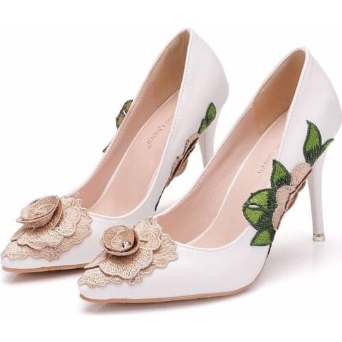 Women Shoes Pumps Dress Flower PU Pointed Toe Thin Heels 9.5CM Sexy High Heels Shoes Womens Wedding Shoes Party