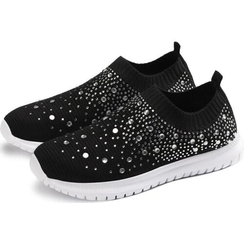 Flat Shoes Crystal Mesh Sports Shoes Summer With Diamond Flying Woven Breathable Running Sports Shoes Womens Rhinestones