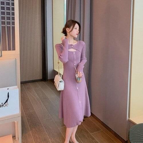 Spring Knitted Dress Women Casual Long Sleeve Button Elegant Midi Sweater Dress Female Office Lady Sexy Dress Vestidos