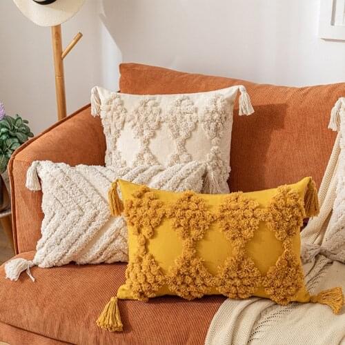 Tassel Cushion Cover 30x50cm/45x45cm Embroidered Throw Pillow Covers Home Decor Car Sofa Pillowcase for Living Room Beige Yellow