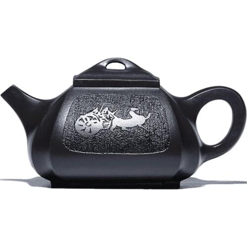 Yixing Handmade Raw Ore Old Black Mud Small Horse-Drawn Tram Square Purple Sand Teapot Set