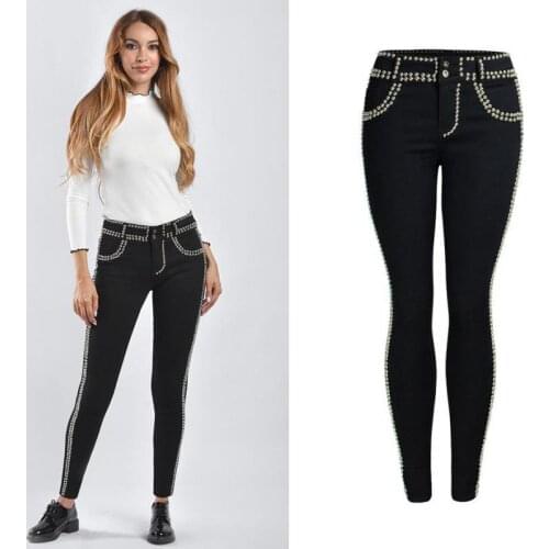 2021 High Waist Small Feet Pencil Jeans Women Spring Heavy Industry Full Bead Stud Rivet Fashion High Street High Stretch Jeans