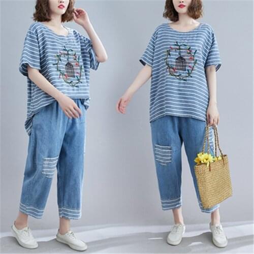 2021 Summer Fashion New Plus Size Women Clothing Striped Short-Sleeved T-Shirt + Casual Cropped Trousers Two-Piece Suit Trend