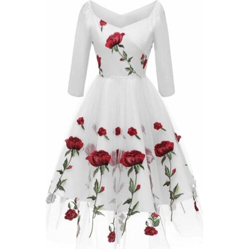 Womens Embroidery Three-Quarter Sleeve Dress Fashion High-quality Collocation Sexy Mesh Elegant Temperament Rose Dress 2021 New