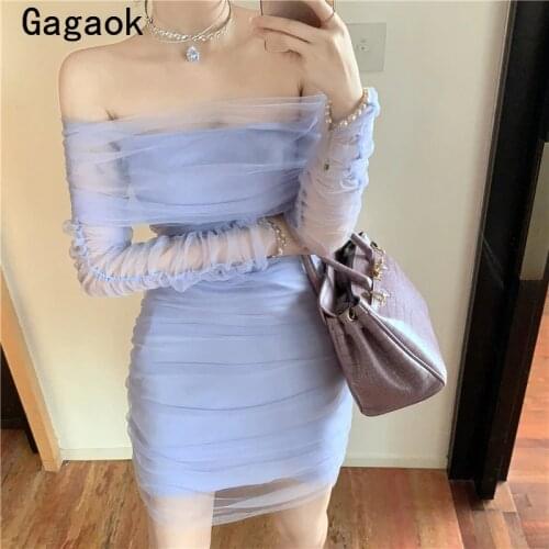 Gagaok Women Formal Party Dress 2020 Spring Autumn New Solid Sheath Slash Neck Mini Dresses Bodycon Sexy Wild Vestidos K4005