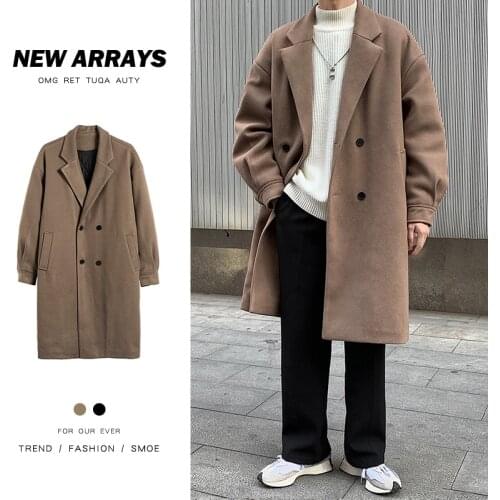 Winter Plus Cotton Thick Woolen Coat Men Warm Fashion Oversized Long Woolen Coat Men Loose Casual Trench Coat Mens Overcoat