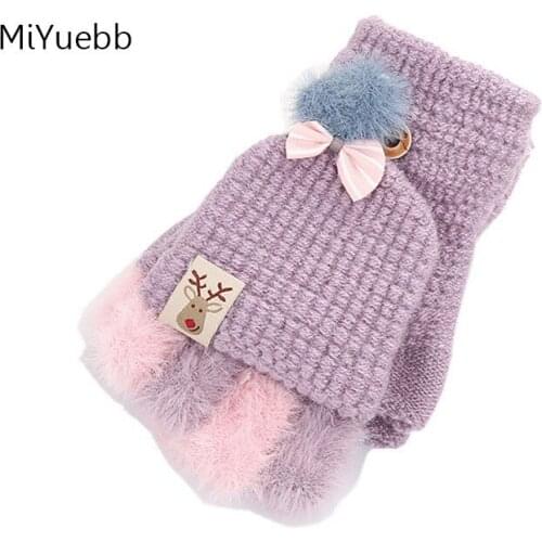 Girl winter warm knitted gloves cute bow hair ball student