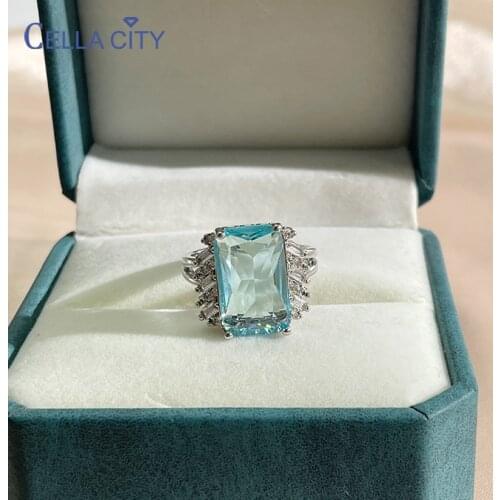 Cella City silver 925 jewelry ring for charm lady with rectange sapphire gemstones Silver Blue Gemstone Rings Gift