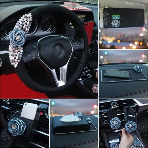 Flower Pearl Car Steering Wheel Cover Leather Fashion Car Neck Waist Pillow Universal Car Styling Headrest Women