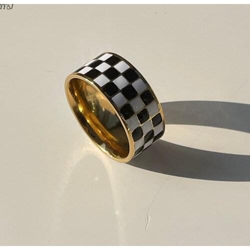 Black and white checkerboard grid band rings for women 2021 gold stainless steel enamel rings stackable punk streetwear cool