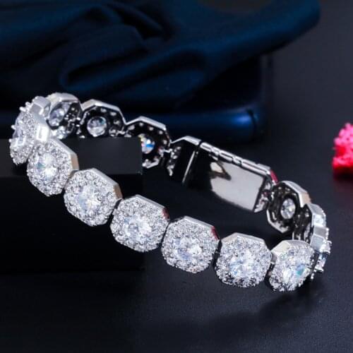 CWWZircons Bling Square Halo Cubic Zirconia Pave White Gold Color Bracelet Bangle for Women Wedding Party Hip Hop Jewelry CB270