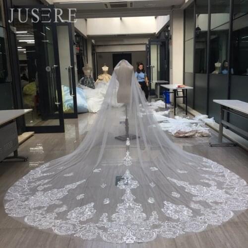 JUSERE Fabulous Lace Appliques Edge Around 3m Two Layers Tulle Cathedral With Comb Long Iovry Wedding Bridal Blush Veil 2018
