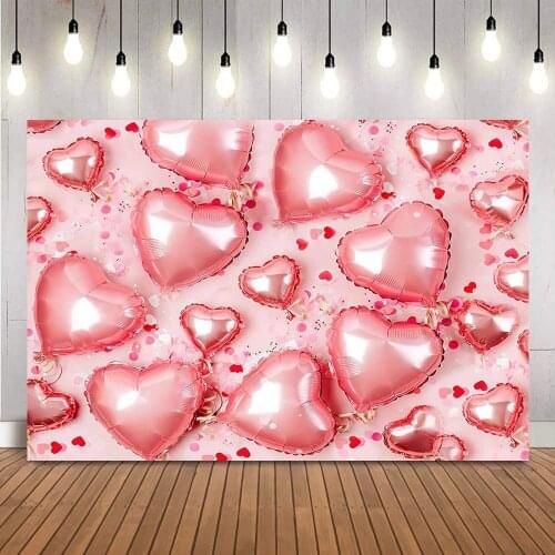 Pink heart balloons birthday backdrop Valentines Day Newborn Kids Cake Smash Photo Background Womens Girls Birthday Decoration