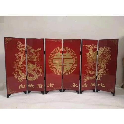 China Collect Exquisite Lacquer PaIntIng WEDDING HANDWORK PAINTING DRAGON PHOENIX Folding Small Folding Screens Home Decoration