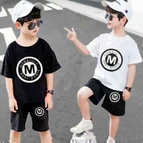 Boys Suit Summer Black and White letter M Short-sleeved Shorts Childrens Two-piece Set