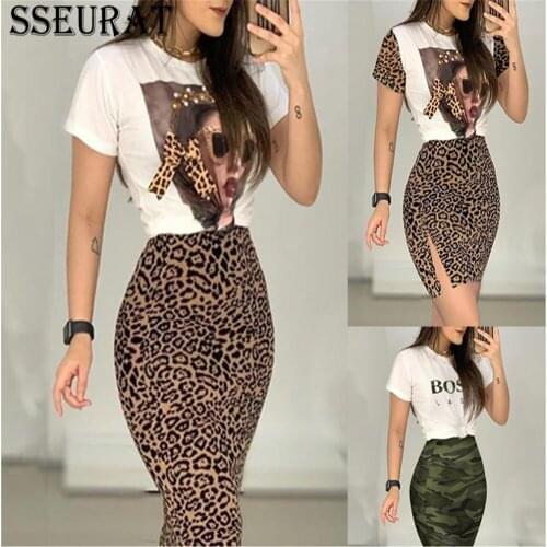 SSEURAT Summer Short Sleeve Round Neck Casual Figure Print Top & Leopard Slit Skirt Set Suit 2PCS Sexy Skinny Ladys Clothing