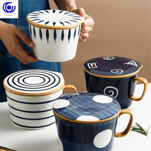 Japanese ceramic instant noodle bowl with lid, large capacity instant noodle soup cup for student dormitory, single tableware