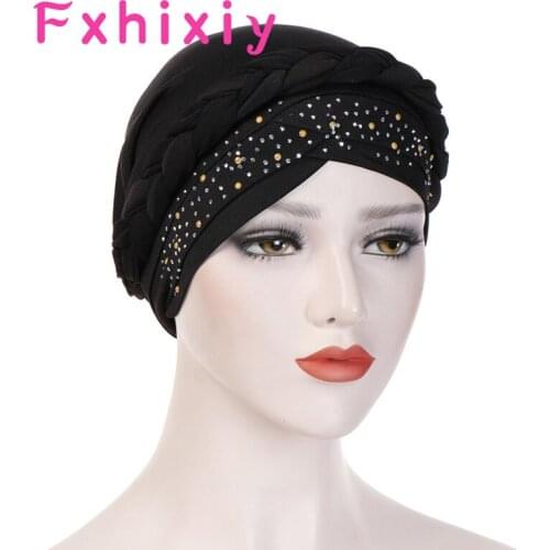Muslim Womens Solid Braid Cross Drill Silk Turban Hat Cancer Chemo Beanies Cap Female Headwear Headwrap Hair Accessories