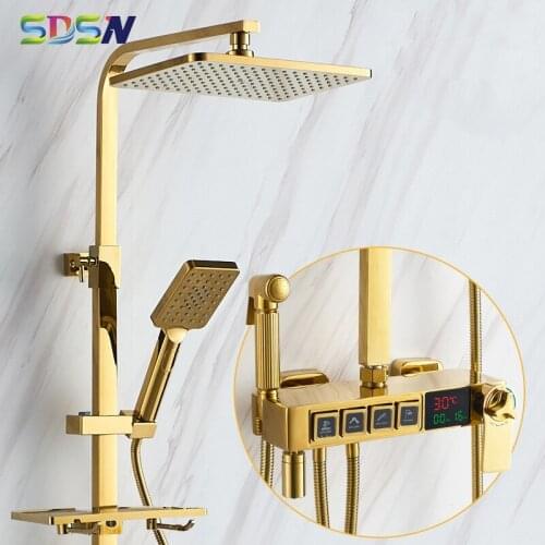 Bathroom Shower Set SDSN Thermostatic Shower Mixer Set 12 Inch Rainfall Shower Head of Gold Bathtub Faucet Digital Shower Set