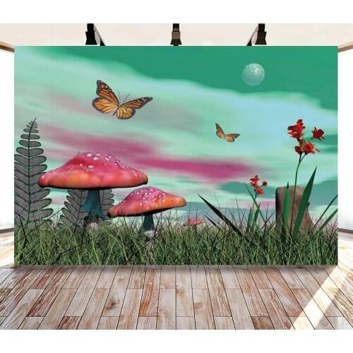 Low Viewing Angle Butterfly Mushroom Cloud Moon Backdrops Photo Vinyl Background Decorations for Kids Party Photography Props