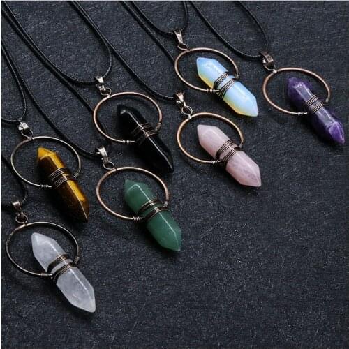 Natural Stone Pendant Necklaces Opal Agates Quartz Hexagonal Column Circle Wire Wrapped Bullet Crystal Necklace Healing Jewelry