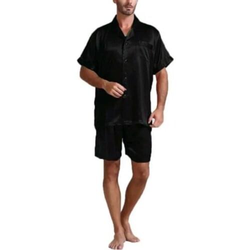 Men Fahion Summer 2Pcs Pajamas Suits Sets Satin Silk Short Sleeve Sleepwear Nightwear Homewear Tops+pants