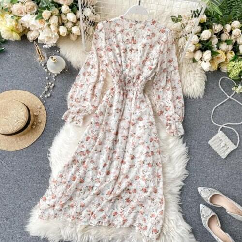Floral elegant Women Dress Vintage Long sleeve V-neck Print Chiffon Dresses 2020 Spring summer Elastic waist Long Dress Vestidos