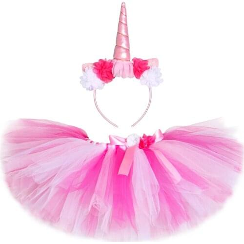 Pink Unicorn Tutu Skirt Outfit Fluffy Flowers Tulle Girls Skirts Halloween Birthday Party Baby Kids Tutu Costume with Hairband
