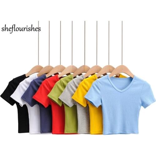 Sexy t shirt women 2021 summer tees casual knitted shirts basic short sleeve tops kawaii v neck tshirt solid streetwear women