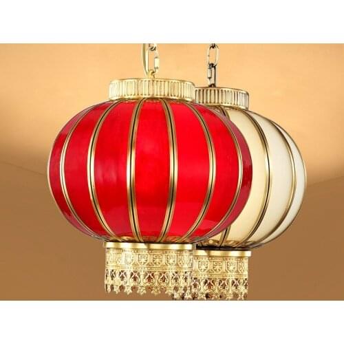 Solid Copper Round Lantern Dining Room Pendant Light Bedroom Romantic Pendant Lamp Bar Counter Restaurant Glass Hanging Fixtures