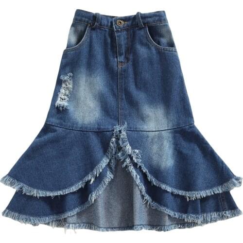 3-7Years Children Solid Color Midi Skirt with Tassels, Girls Middle Waist Irregular Hem Ripped Denim Skirt