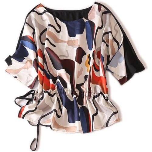 Fashion shirt abstract color map draw rope face waist chiffon shirt womens top shirt small shirt summer