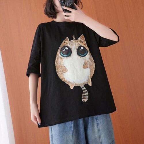 Oversized Women Cotton Casual T-shirts New 2021 Summer Simple Style Cartoon Print Loose Comfortable Female Tops Tees S3615