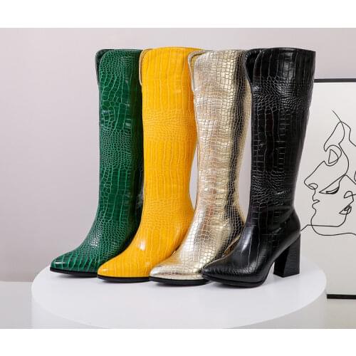 Size 12-43 Ladies Crocodile Snake Print Knee High Boots Thick High Heels Shoes Women Green Gold Tall Boot Zipper Winter Footwear
