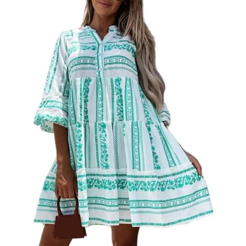 Mini Dress Boho Print Flare Sleeve Women V Neck Half Sleeve Dress for Vacation Sundress Women Street wear Blue xxl vestidos