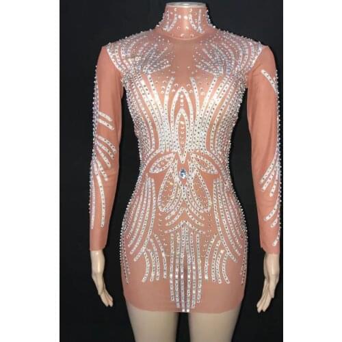 Rhinestones Mesh Transparent Bodycon Short Dress Luxurious Women Birthday Celebrate Evening Party Catwalk Outfit Singer Costume