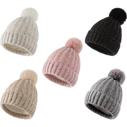 Winter Plus Velvet Strip Acrylic To Keep Warm Thick Baotou Woolen Cap Solid Color Fur Ball Decoration Cute Bonnets for Women